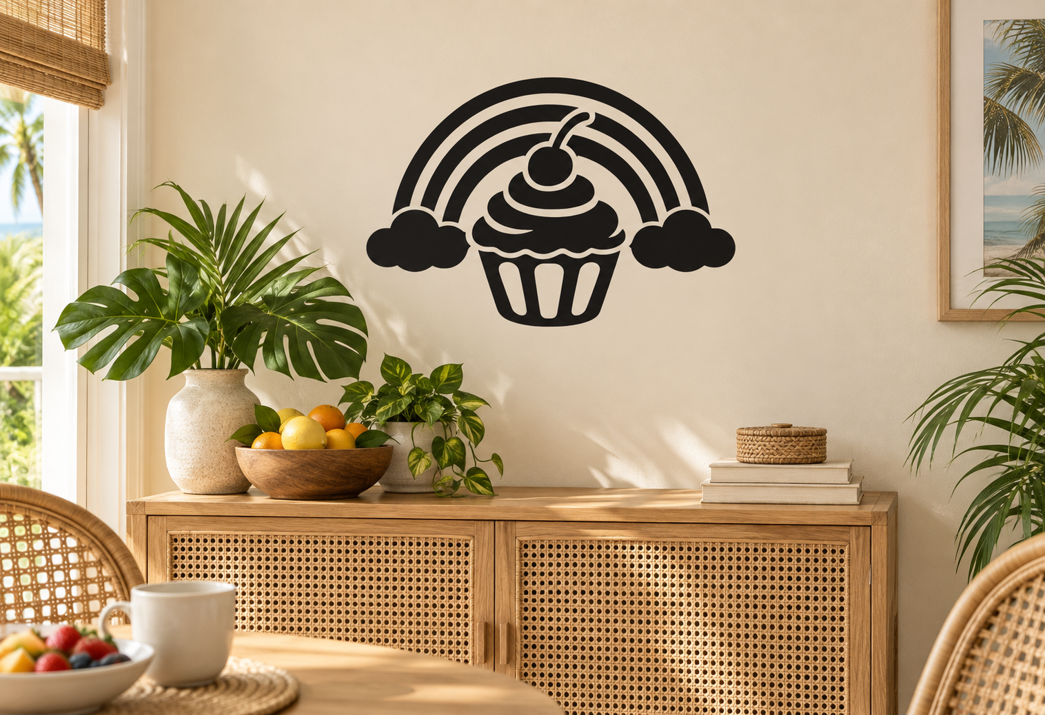 Black cupcake-and-rainbow vinyl wall decal with rainbow arches, cupcake, and clouds
