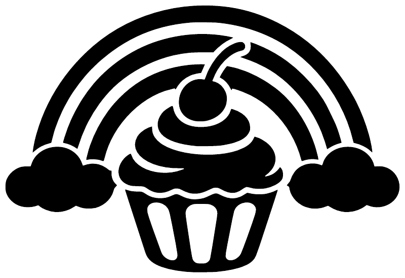 Black cupcake rainbow vinyl decal close-up: rainbow arches over cupcake with clouds