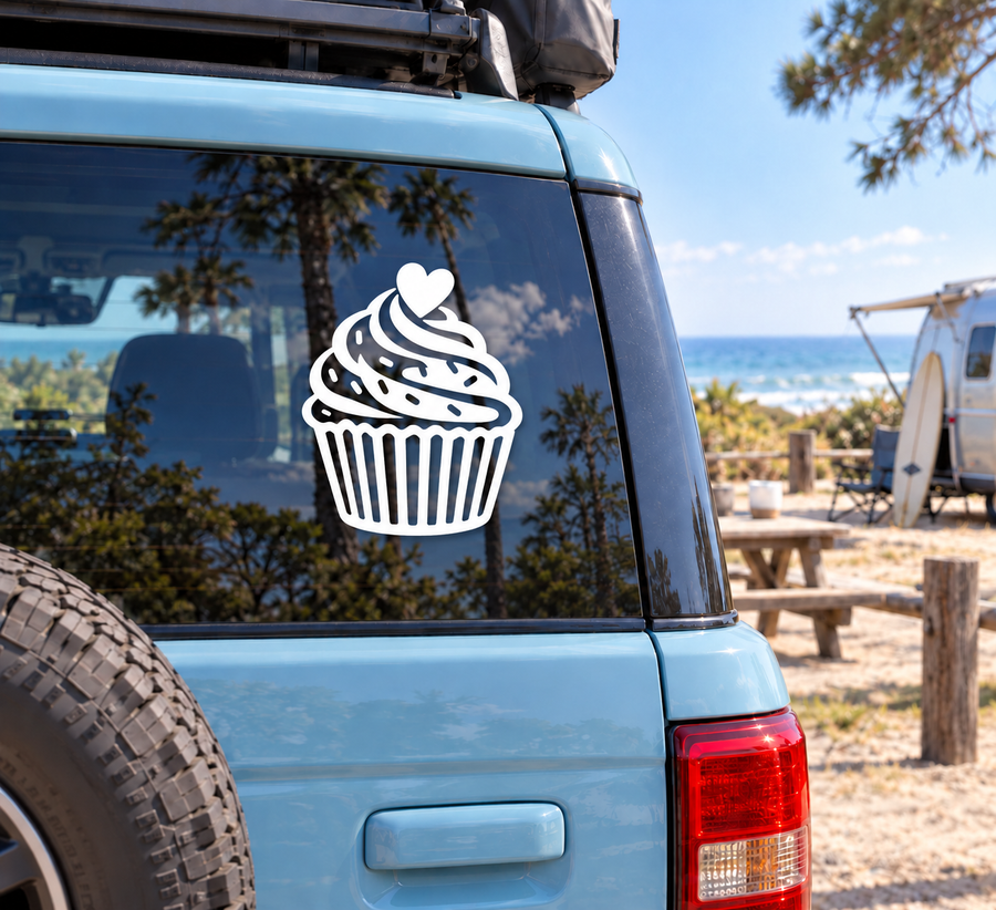 Heart swirl cupcake vinyl decal, white on car window glass