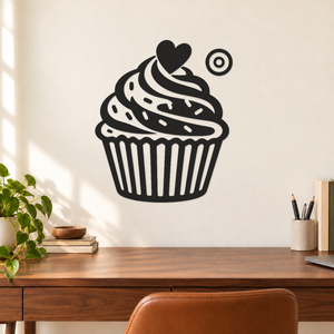 Black cupcake wall decal with heart swirl frosting and orbit halo symbol