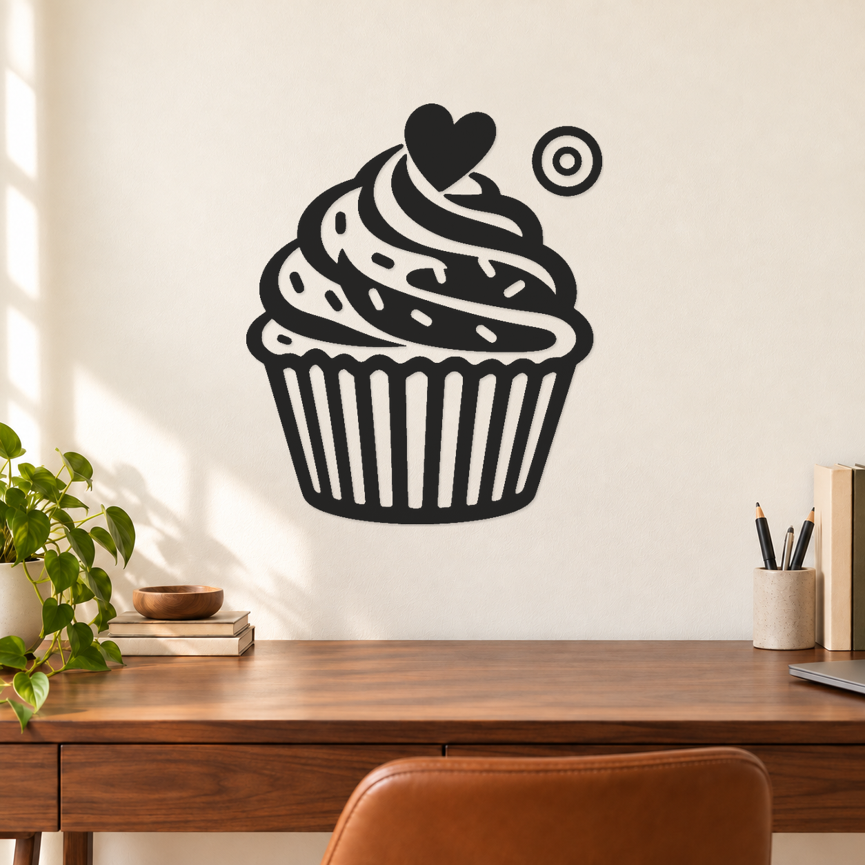 Black cupcake wall decal with heart swirl frosting and orbit halo symbol