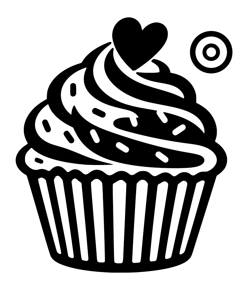 Black cupcake wall decal close-up with heart topper and orbit halo symbol
