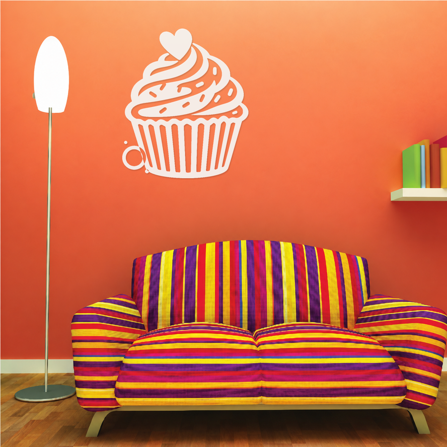 White mirrored cupcake wall decal with heart swirl frosting and striped cup