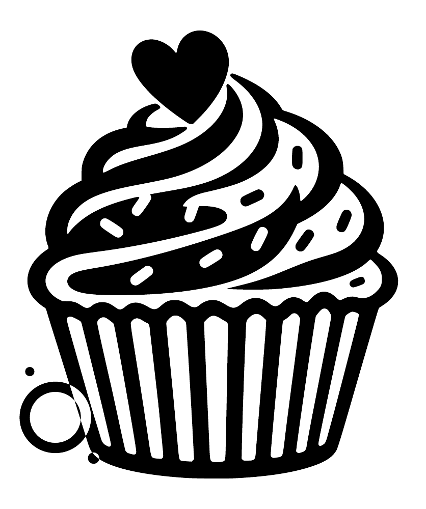 Black cupcake wall decal with heart swirl frosting and dot halo accents