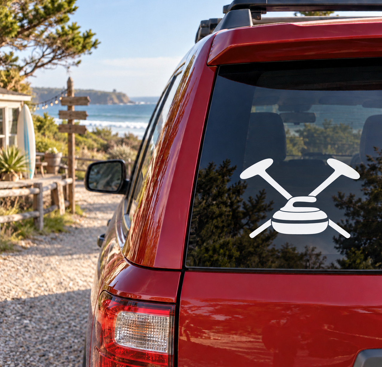 White curling sweeping pair vinyl decal on car rear window