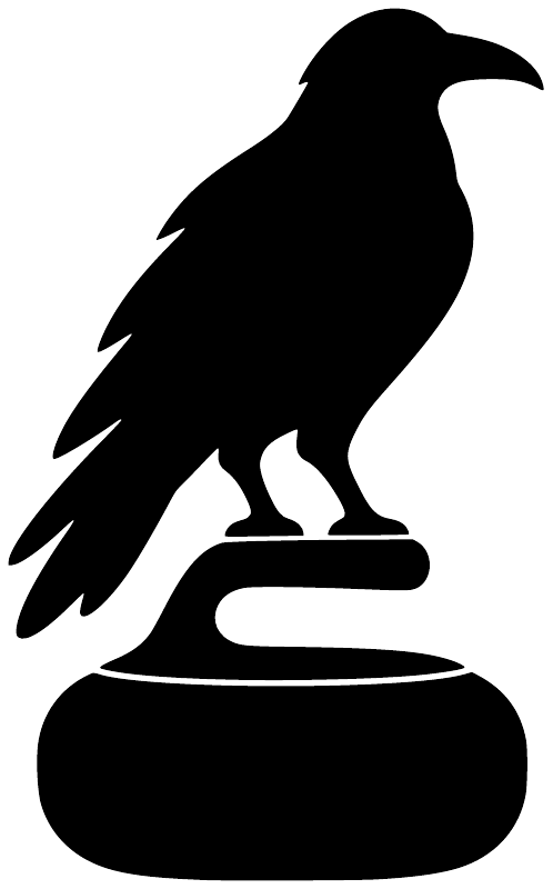 Black raven curling vinyl decal silhouette with broom and circular base