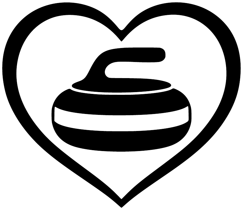 Heart-shaped curling stone vinyl decal, black heart with white curling puck icon