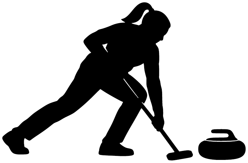Curling sweeper vinyl decal silhouette with broom and curling stones, solid black design