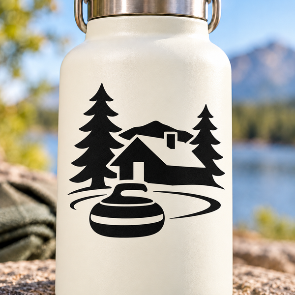 Curling winter cabin vinyl decal with black trees, cabin, and curling stones