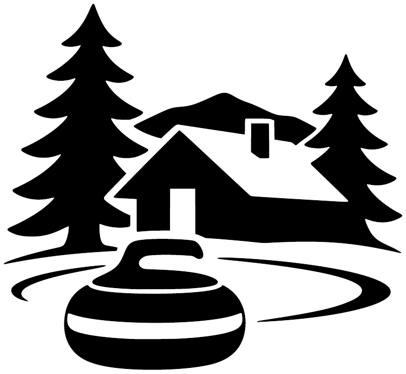 Curling winter cabin vinyl decal with curling stones, cabin silhouette, and pine trees