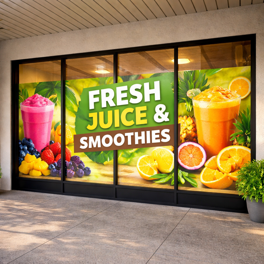 Blackout window graphic with FRESH JUICE & SMOOTHIES text and fruit smoothie photos