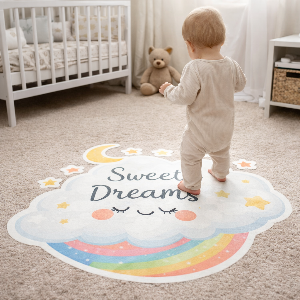Sweet dream cloud and rainbow floor graphic rug with stars, moon, and eyelashes