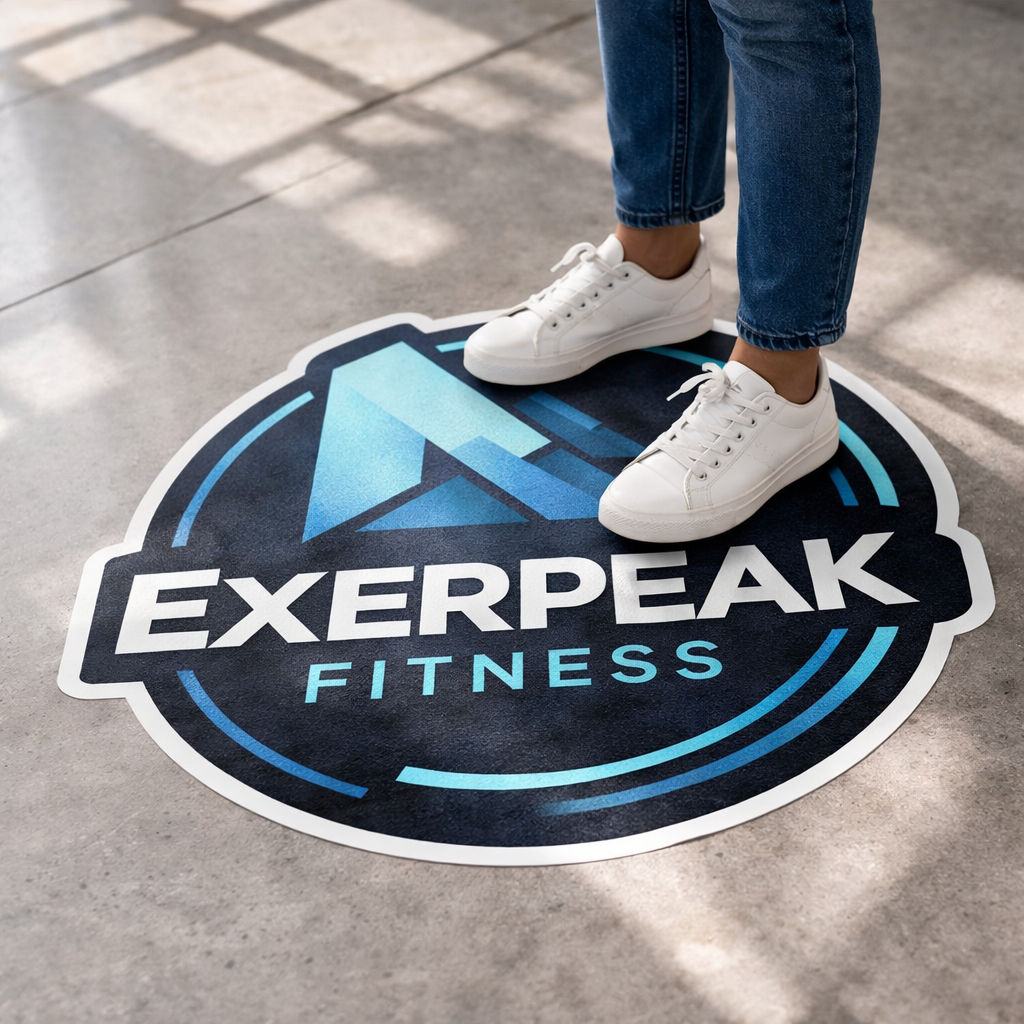 Oval printed floor graphic with EXERPEAK FITNESS lettering and blue logo design