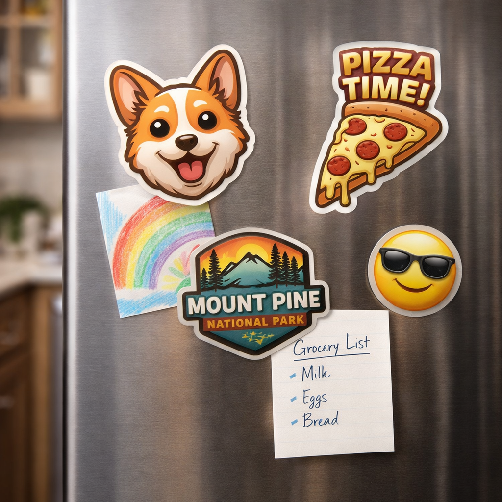 Custom magnets set with dog, pizza, park badge, smiley, and grocery list design