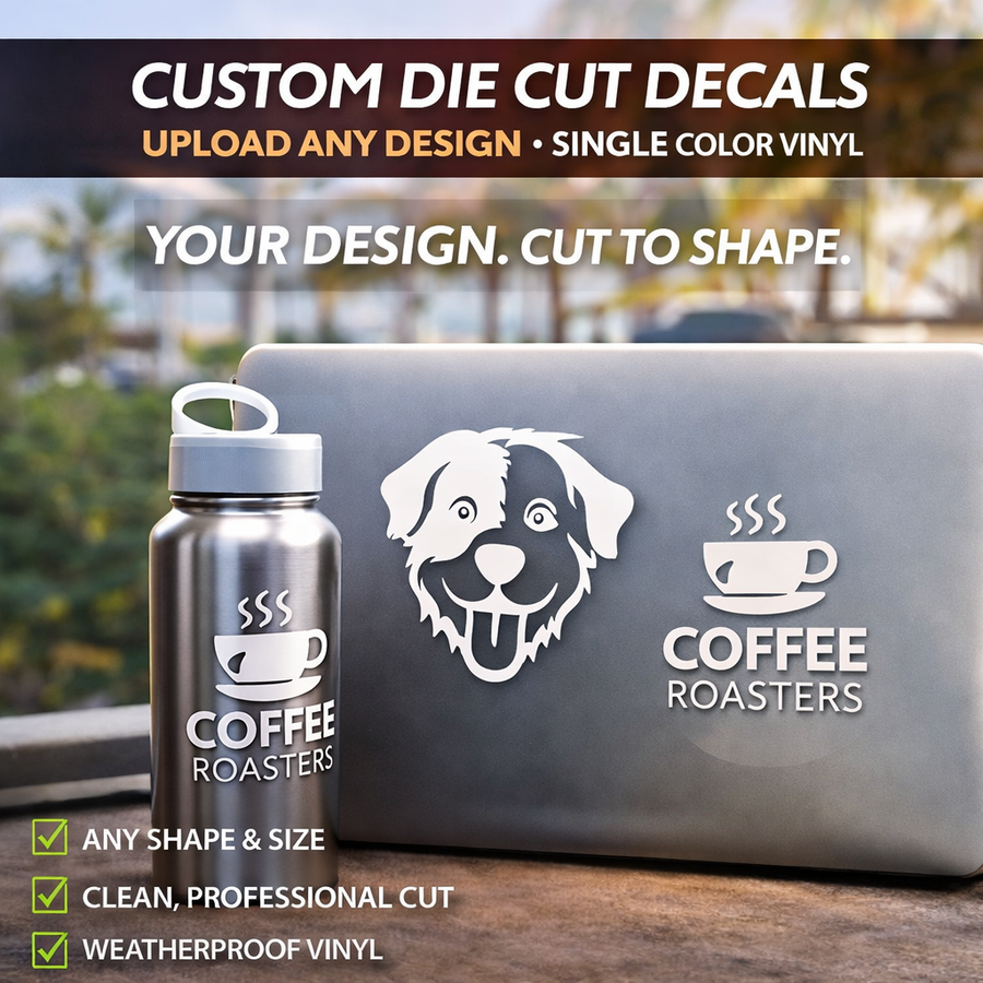 Custom vinyl decal with white coffee and dog logo on light gray bottle