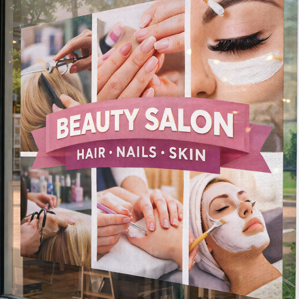 Vinyl window sticker: pink “BEAUTY SALON” ribbon with hair, nails, skin text