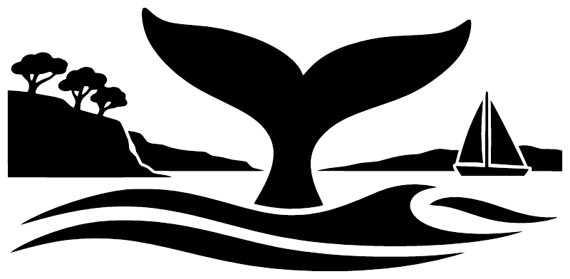Black whale tail horizon vinyl decal silhouette with sailboat, waves, and trees
