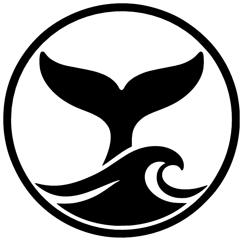 Whale tail vinyl decal logo: black silhouette inside bold black circle on white