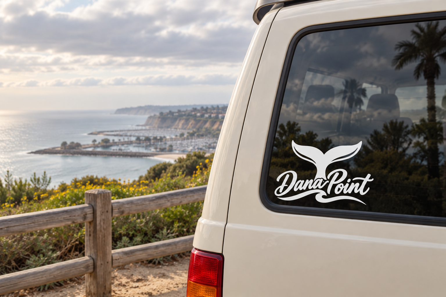 DanaPoint whale tail wordmark vinyl decal, black and white script with tail icon