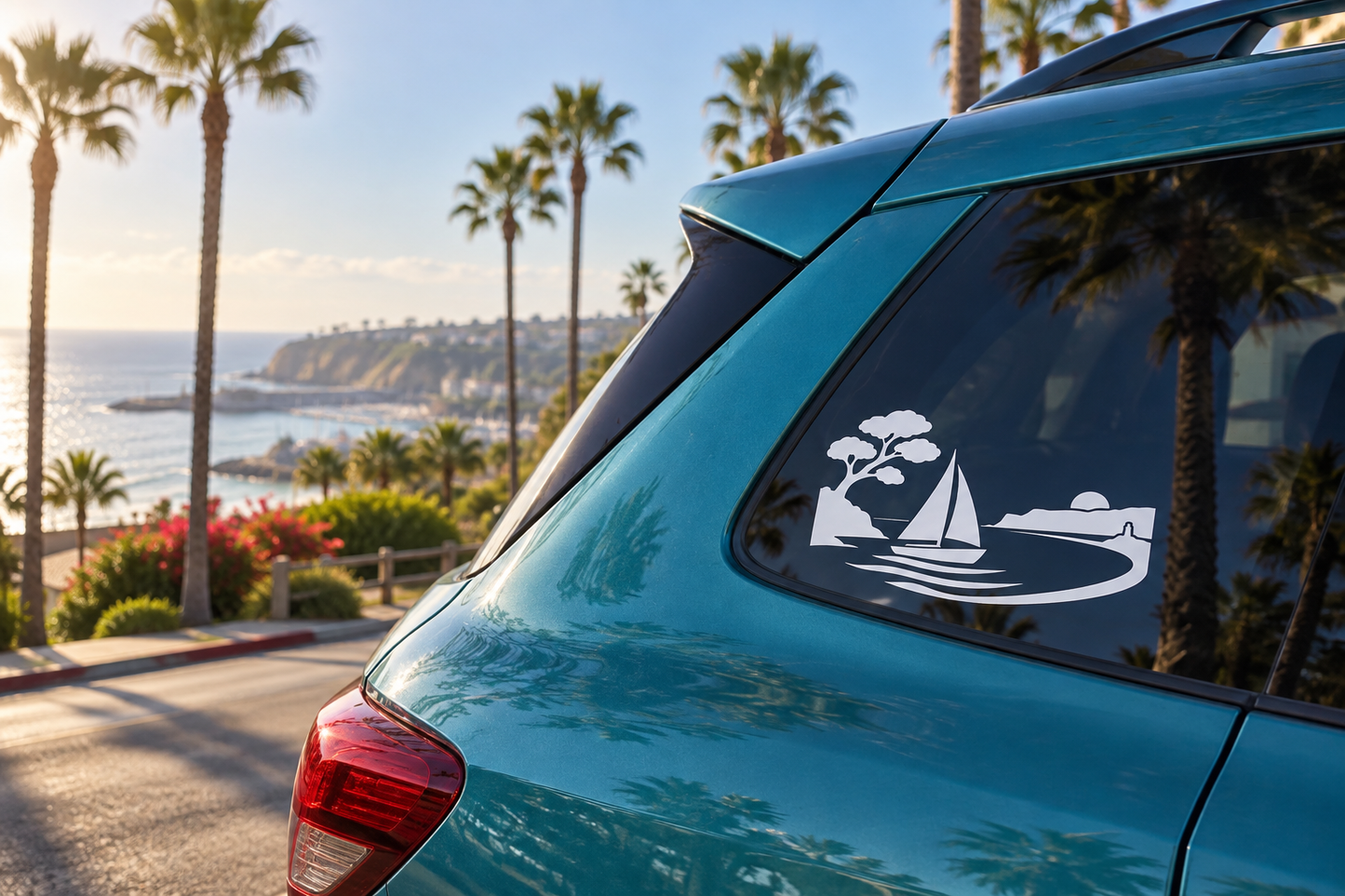 Vinyl decal sailboat icon in white on teal car panel