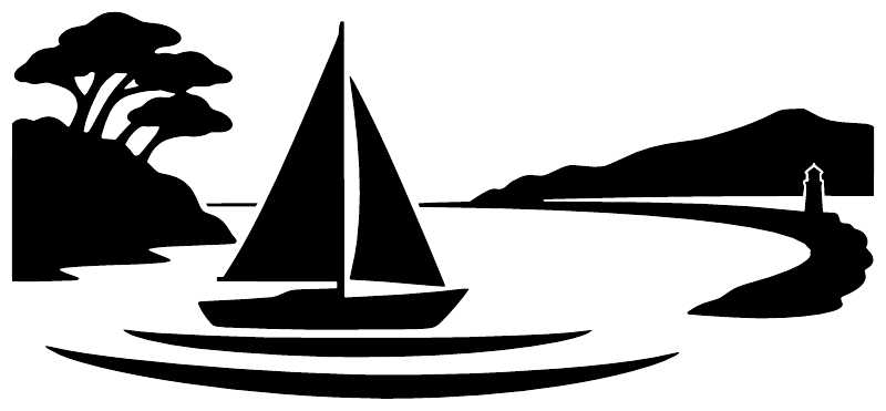 Black sailboat horizon vinyl decal with waves, trees, and sailboat silhouette