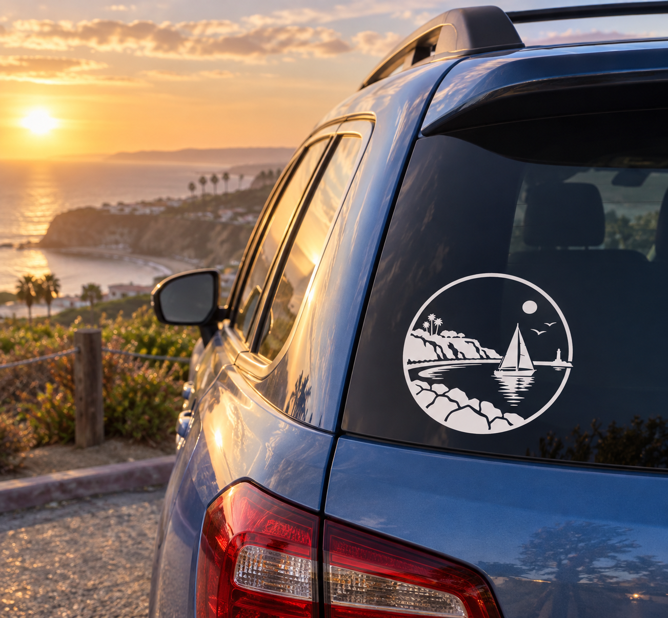 Round white-and-black sailboat crest vinyl decal on car rear window