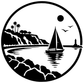 Round black-and-white vinyl decal with sailboat, shoreline, and birds