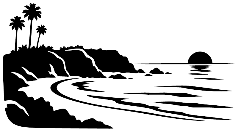 Black coastal headlands and ocean waves vinyl decal with palm tree silhouettes
