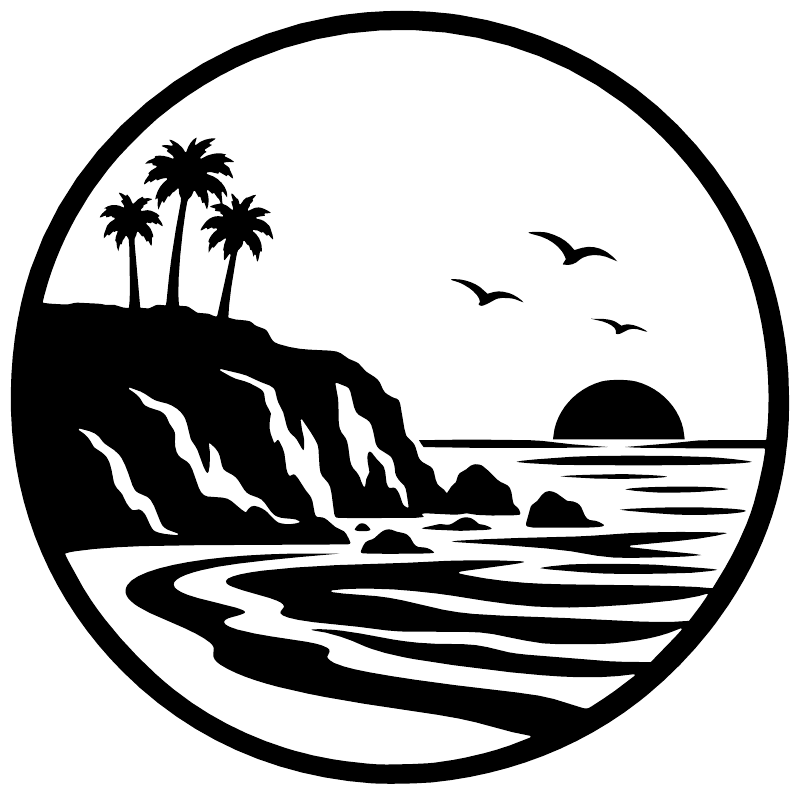 Coastal headlands crest vinyl decal, black-and-white: palms, waves, rocks, birds