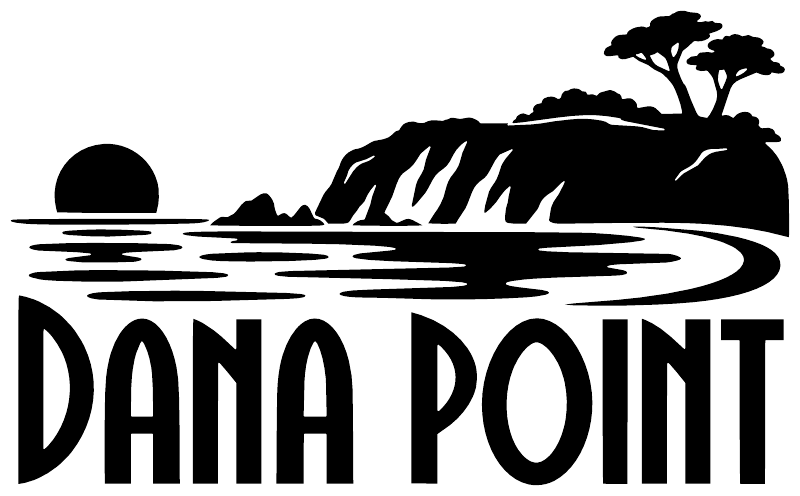 Black Dana Point wordmark vinyl decal with headlands and waves illustration
