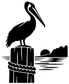 Black pelican icon vinyl decal with dock, shoreline, and waves on white background