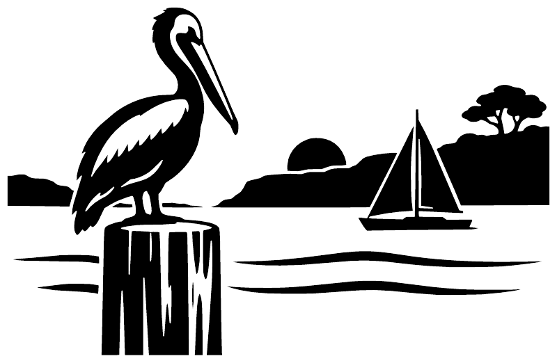 Pelican horizon vinyl decal with harbor shoreline, sailboat and trees, black graphic