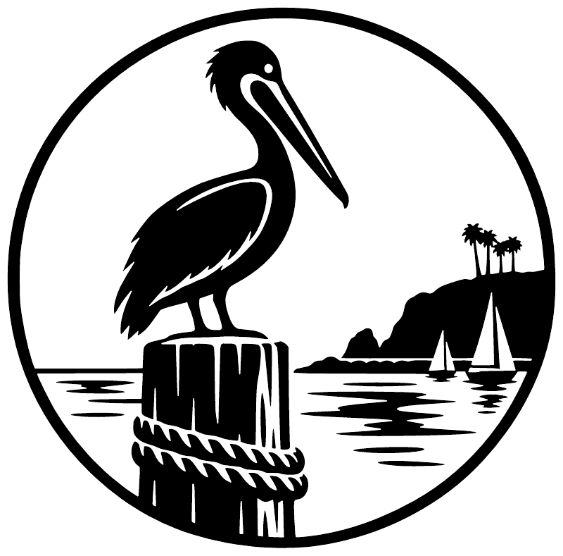 Circular pelican crest vinyl decal: pelican on dock over water with sailboat and palms