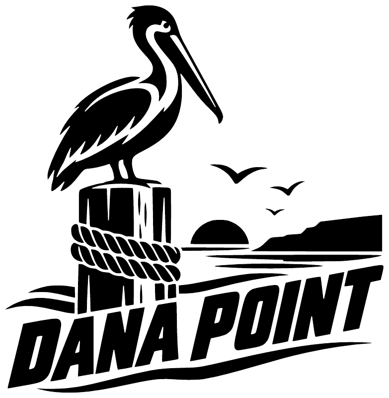 Black-and-white pelican and Dana Point wordmark vinyl decal