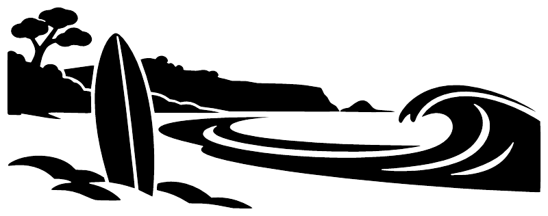 Black surf and horizon vinyl decal with palm tree, waves, and stylized board