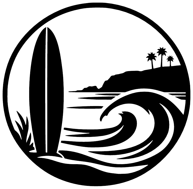 Black-and-white circular surf crest vinyl decal with surfboard, waves, palm trees
