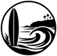 Black-and-white circular surf crest vinyl decal with surfboard, waves, palm trees