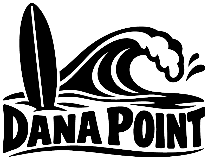 Dana Point wordmark vinyl decal with surf wave and surfboard icon, black and white