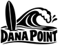 Dana Point wordmark vinyl decal with surf wave and surfboard icon, black and white