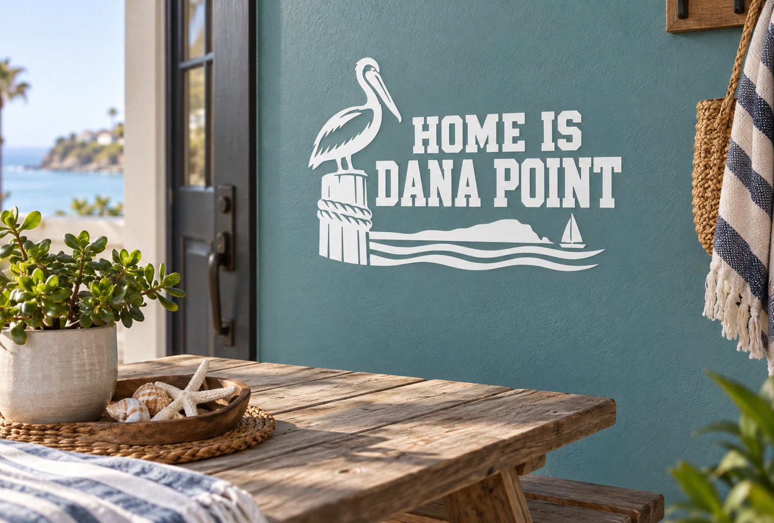 Home lettering vinyl decal with flamingo icon and 'HOME IS DANA POINT' text