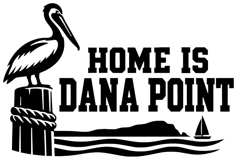Vinyl decal graphic with flamingo, dock, waves, and 'HOME IS DANA POINT' wording