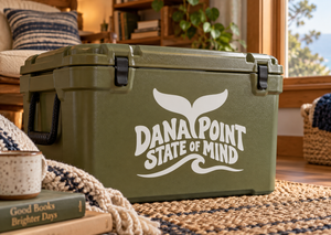 White vinyl decal with wing icon and DanaPoint State of Mind text
