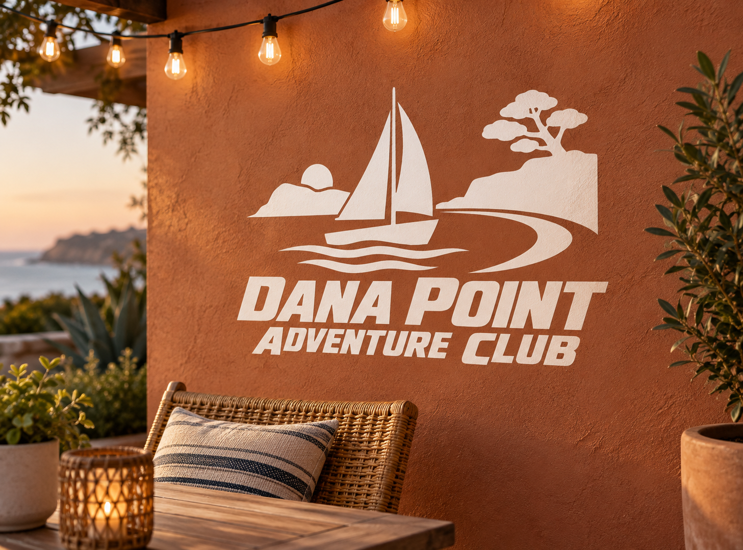 White vinyl decal with sailboat, waves, tree and “Dana Point Adventure Club” lettering.