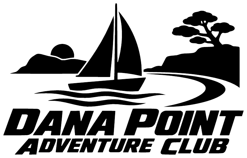 Black-and-white vinyl decal showing sailboat, waves, tree silhouette and club lettering.