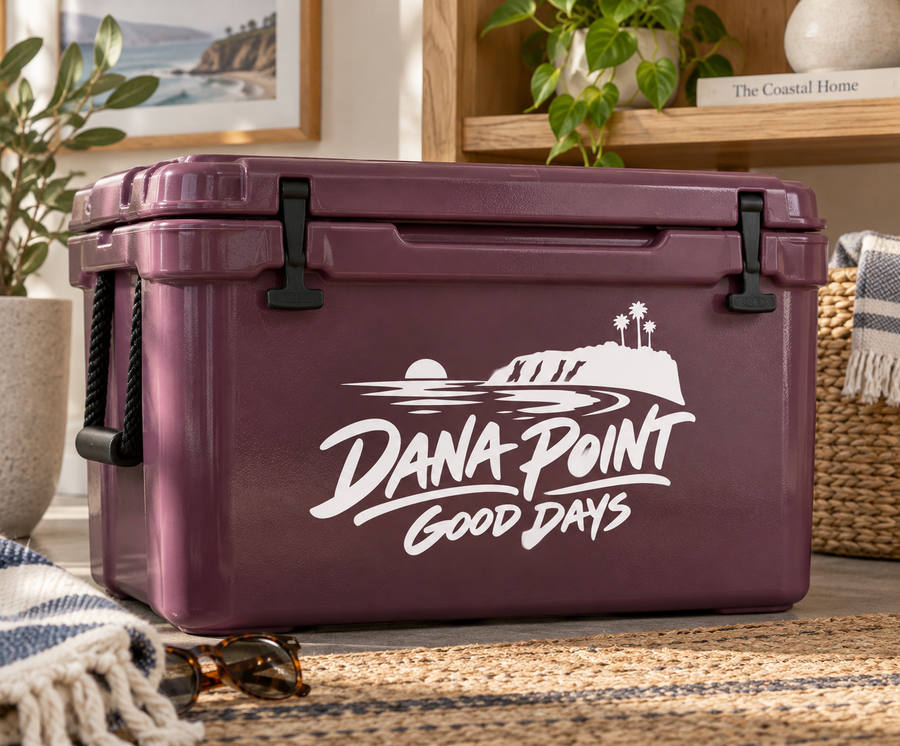 Dana Point Good Days vinyl decal on purple cooler, white coastal logo and text