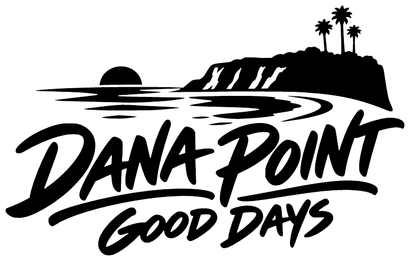 Dana Point Good Days vinyl decal, black coastal scene with palm trees and script text