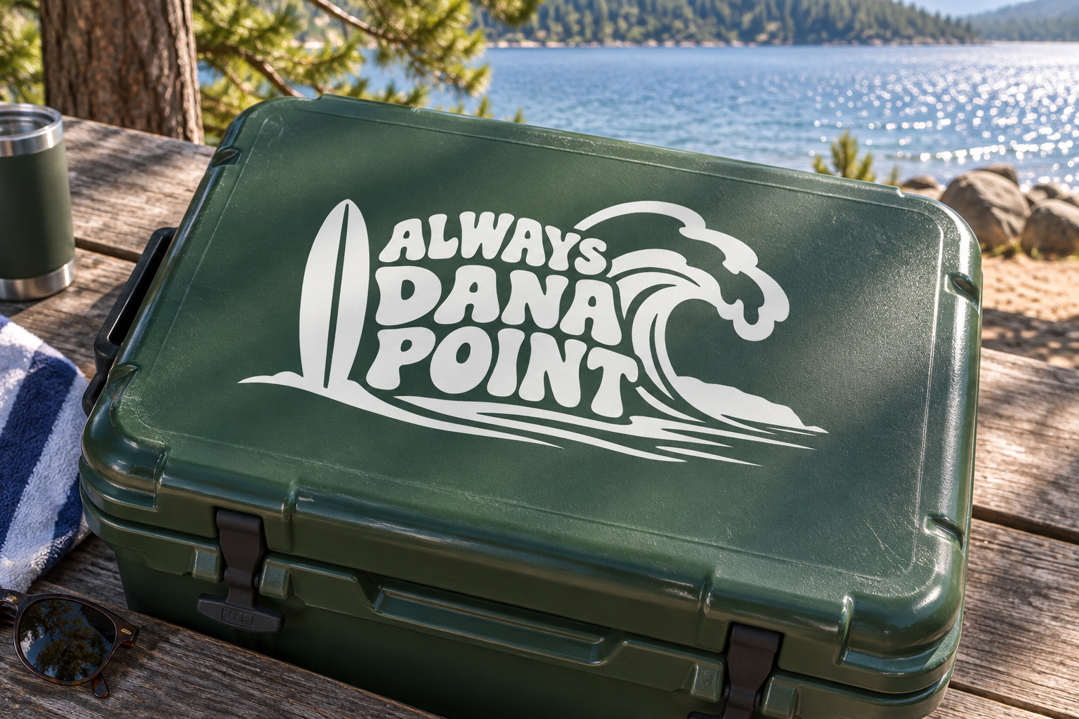 White vinyl decal reading 'ALWAYS DANA POINT' with surf wave
