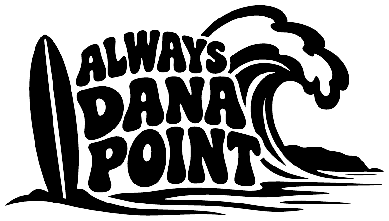 White vinyl decal with 'ALWAYS DANA POINT' text, wave and surfboard