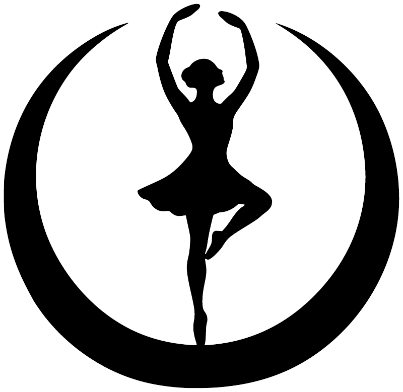 Black ballerina silhouette vinyl decal centered in a white circle with crescent border