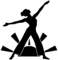Vinyl decal of black dancer silhouette with skirt spread and sunburst rays
